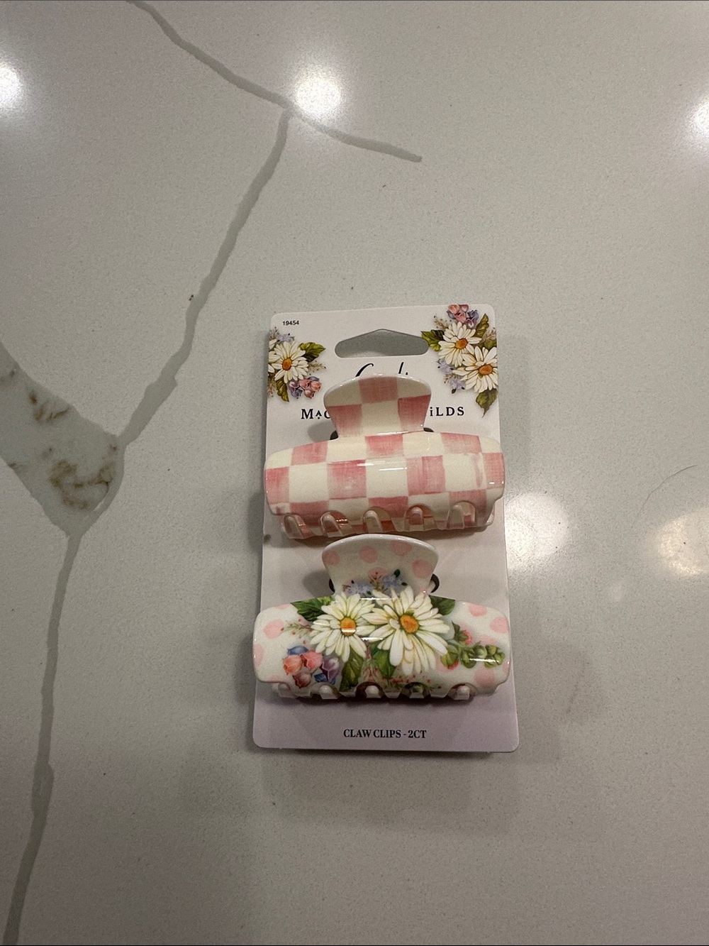 NIB Mackenzie Childs medium claw clips 2 pack rosy check daisy 🤍🌼🩷